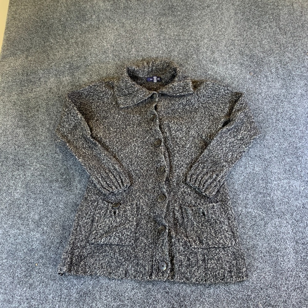 Lands' End Cardigan Sweater Girls M (10-12) Gray Knit Ribbed Trim Button Front